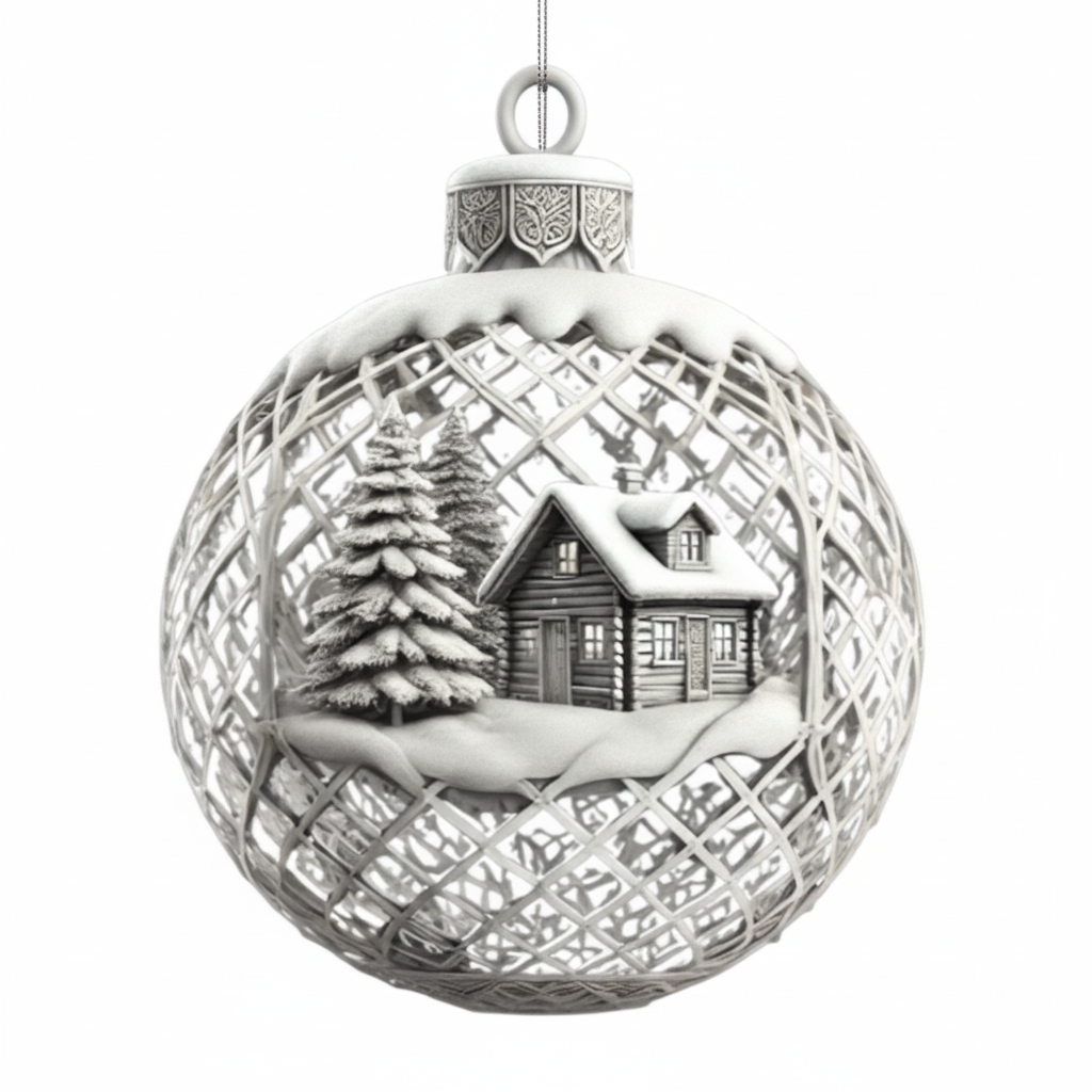 3D printed lattice cabin ornament set on white background