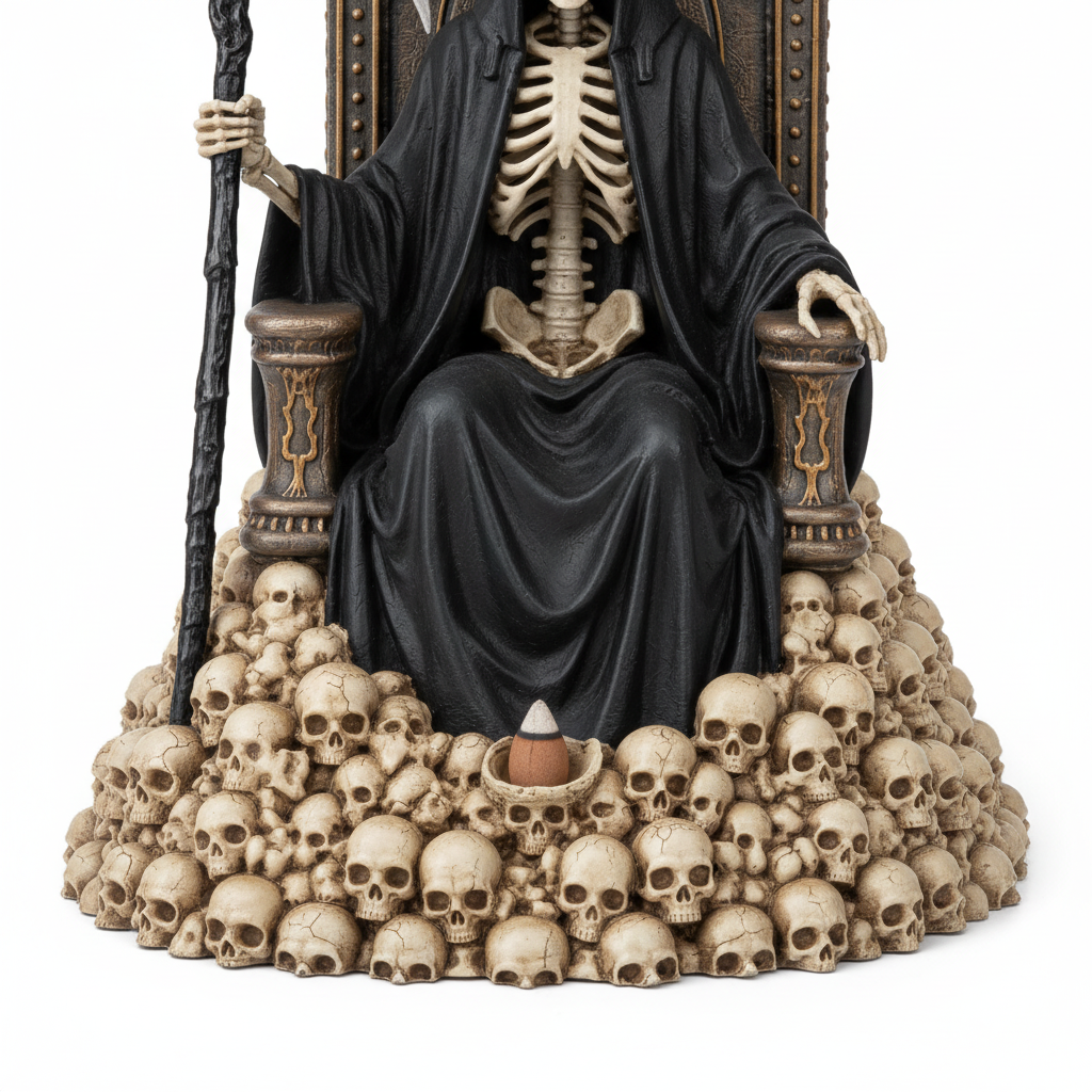 Grim Reaper skull throne incense holder skull base detail on white background