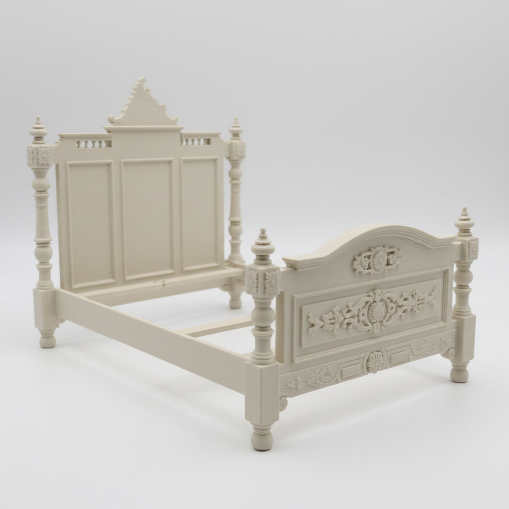 Miniature baroque bed frame rear footboard view on white background