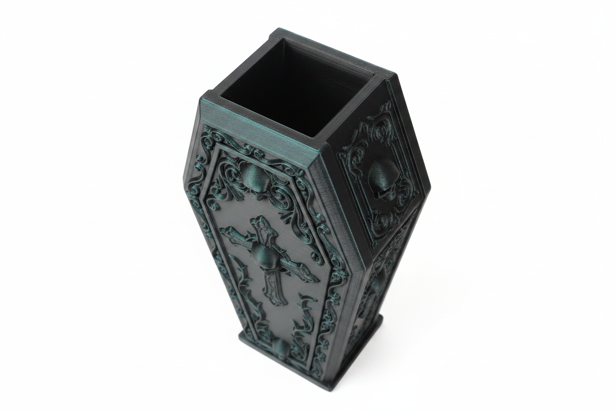 Gothic coffin vase white background angled view