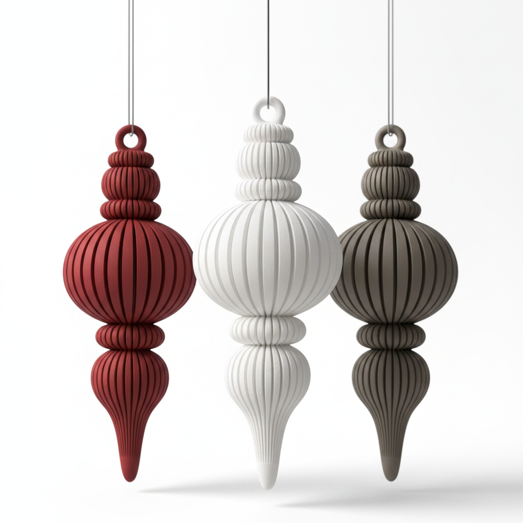 3D printed ribbed finial ornament set of 3 on white background
