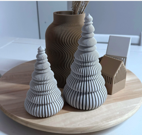 3D printed Nordic Japandi Christmas trees in grey styled scene
