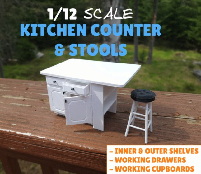 1:12 Scale Kitchen Island & Bar Stool Set — 3D Printed Dollhouse Furniture