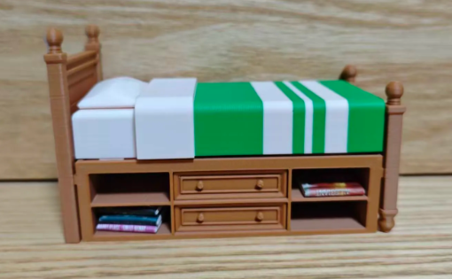 1:12 Scale Single Storage Bed - green striped blanket side angle on wood surface