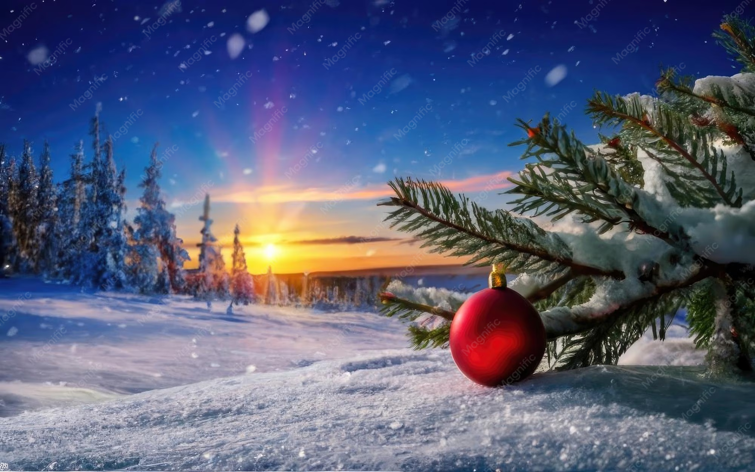 Red Christmas ornament resting on a snow-covered pine branch at sunset in a winter wonderland