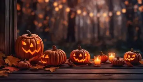 Glowing jack-o-lanterns and candles on a rustic wooden porch surrounded by autumn leaves