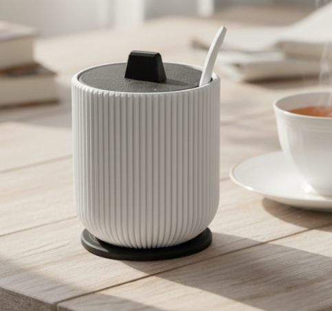 Ribbed Sugar Bowl & Salt Cellar with Lid, Spoon Slot & Base – 3D Printed Kitchen & Table Decor