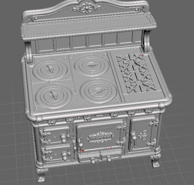 Victoria antique cast iron stove 3D model top angle view