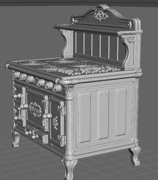 Victoria antique cast iron stove 3D model three quarter view