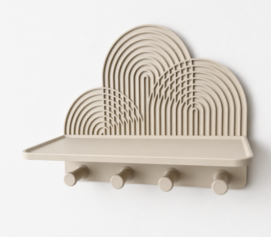 Boho Cloud Arch Wall Shelf with Key Hooks – 3D Printed