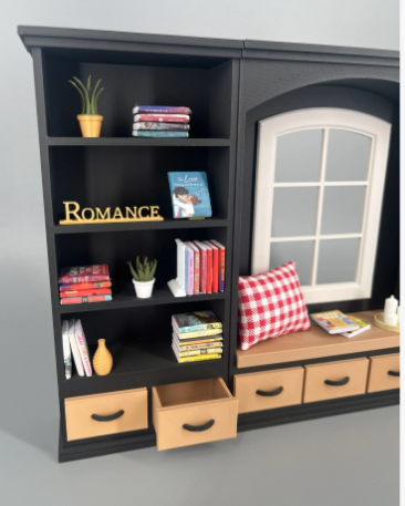 Cozy Library with Window Seat - left unit and center close up with open drawer