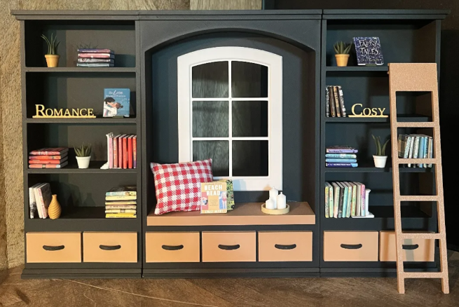 Cozy Library with Window Seat - full set front view with accessories