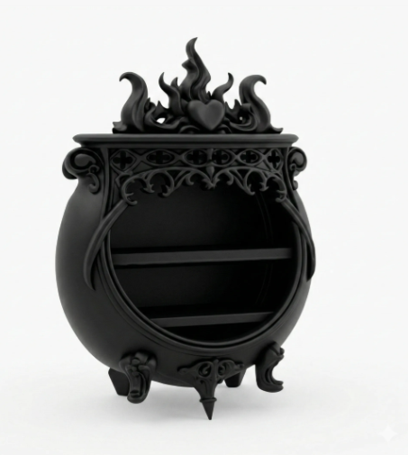 Gothic Cauldron Wall Shelf - white render right side profile