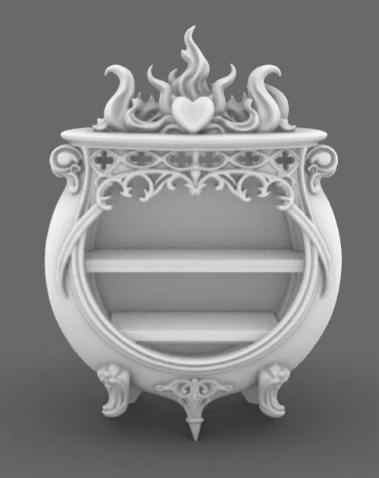 Gothic Cauldron Wall Shelf - white render left side profile