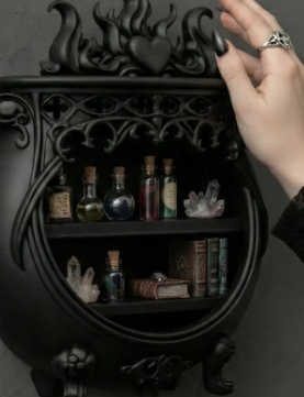 Gothic Cauldron Wall Shelf - black printed bottom detail showing cauldron legs
