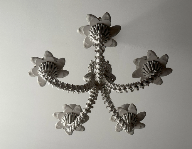 Skull Chandelier - unlit side angle view