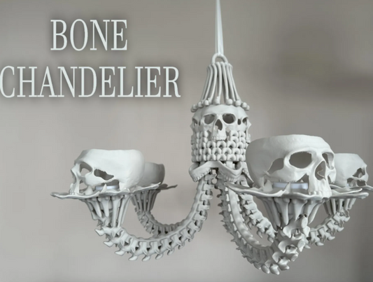 Skull Chandelier - lit up warm glow front view