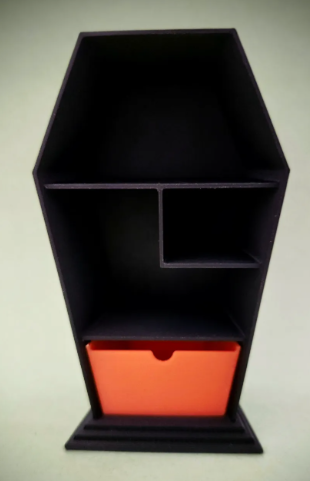 Large coffin shelf with orange working drawer, front view