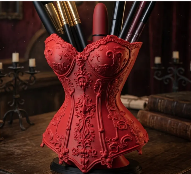 Gothic Corset Makeup Brush & Pen Holder – 3D Printed Boudoir Desk Accessory