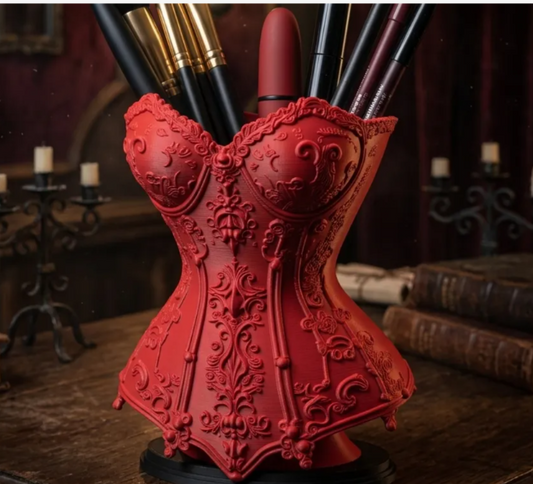 Gothic Corset Makeup Brush & Pen Holder – 3D Printed Boudoir Desk Accessory