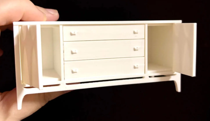 1:12 scale mid-century modern credenza printed white doors open