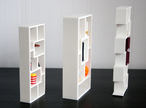 1/12 scale 3D printed miniature divider shelf set side angle view