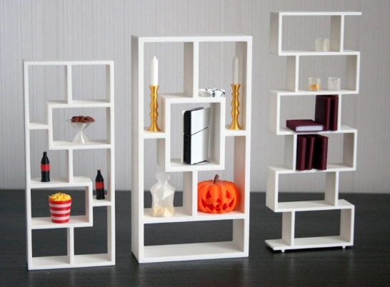 1/12 scale 3D printed miniature divider shelf set styled with miniature decor
