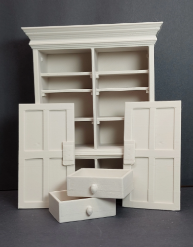 Miniature dollhouse linen cabinet – white 3D printed, door open showing interior shelves