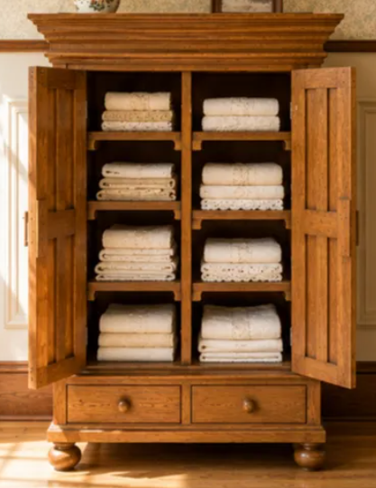 Miniature linen cabinet inspiration – full size Dutch armoire with open doors and folded linens
