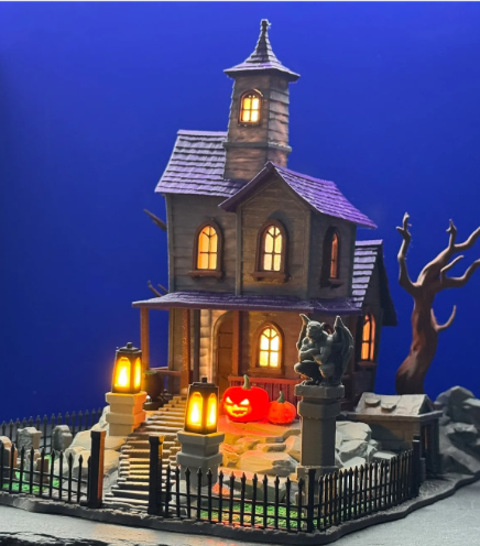 Illuminated Halloween Haunted House Scene - daytime front view