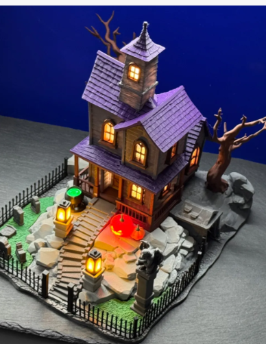 Illuminated Halloween Haunted House Scene - lit side view