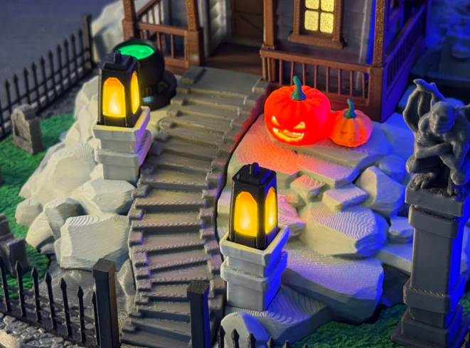 Illuminated Halloween Haunted House Scene - aerial detail view