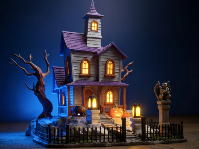 Illuminated Halloween Haunted House Scene - lit front view