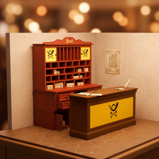 Miniature post office cabinet and counter set in cozy diorama scene