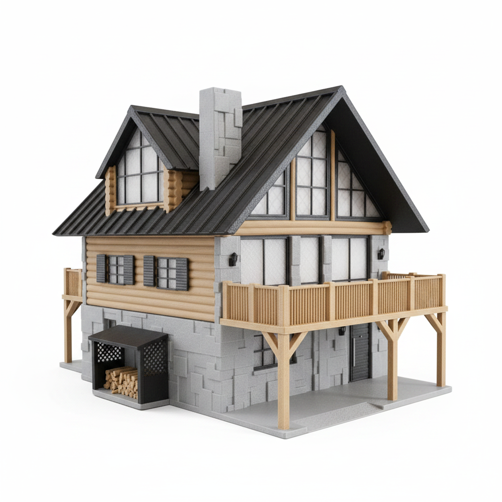 Log Cabin Chalet Architecture Model - rear angle white background