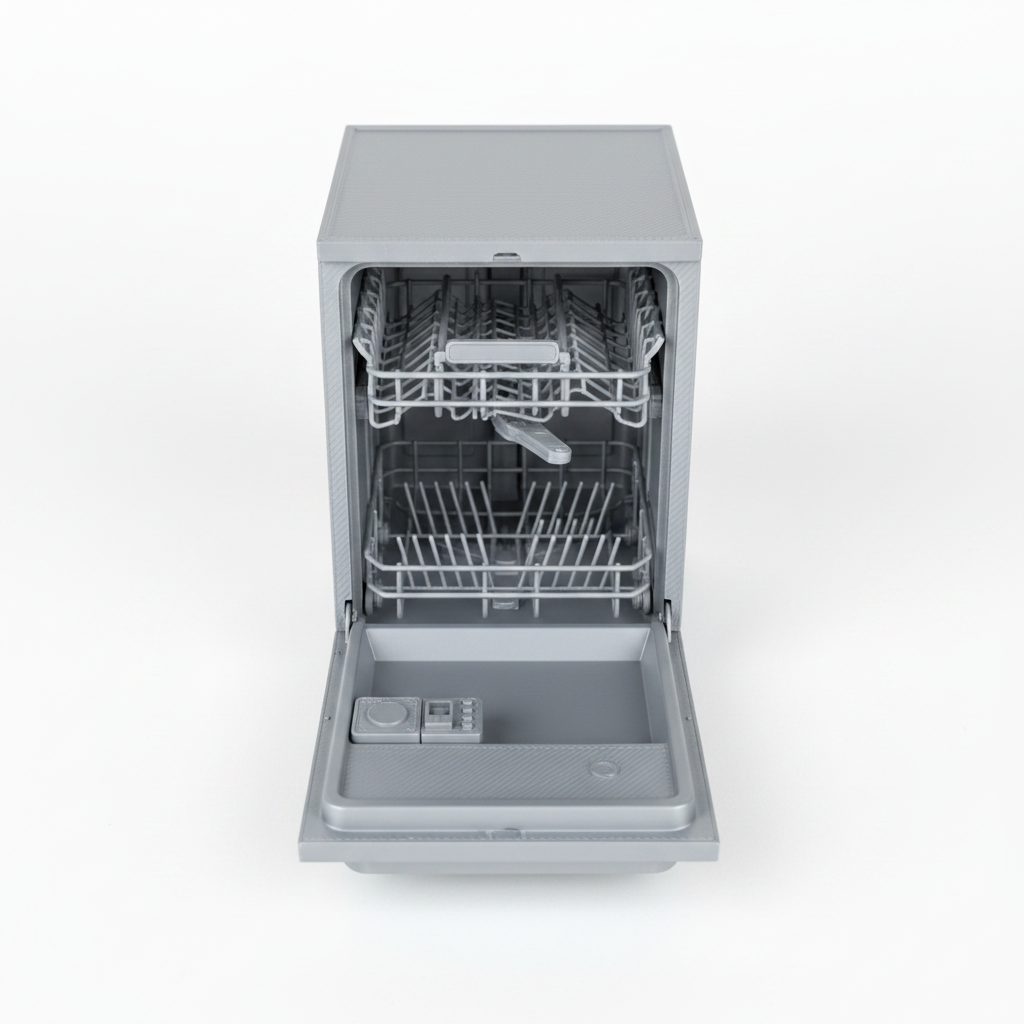 Miniature dishwasher door fully open overhead view on white background
