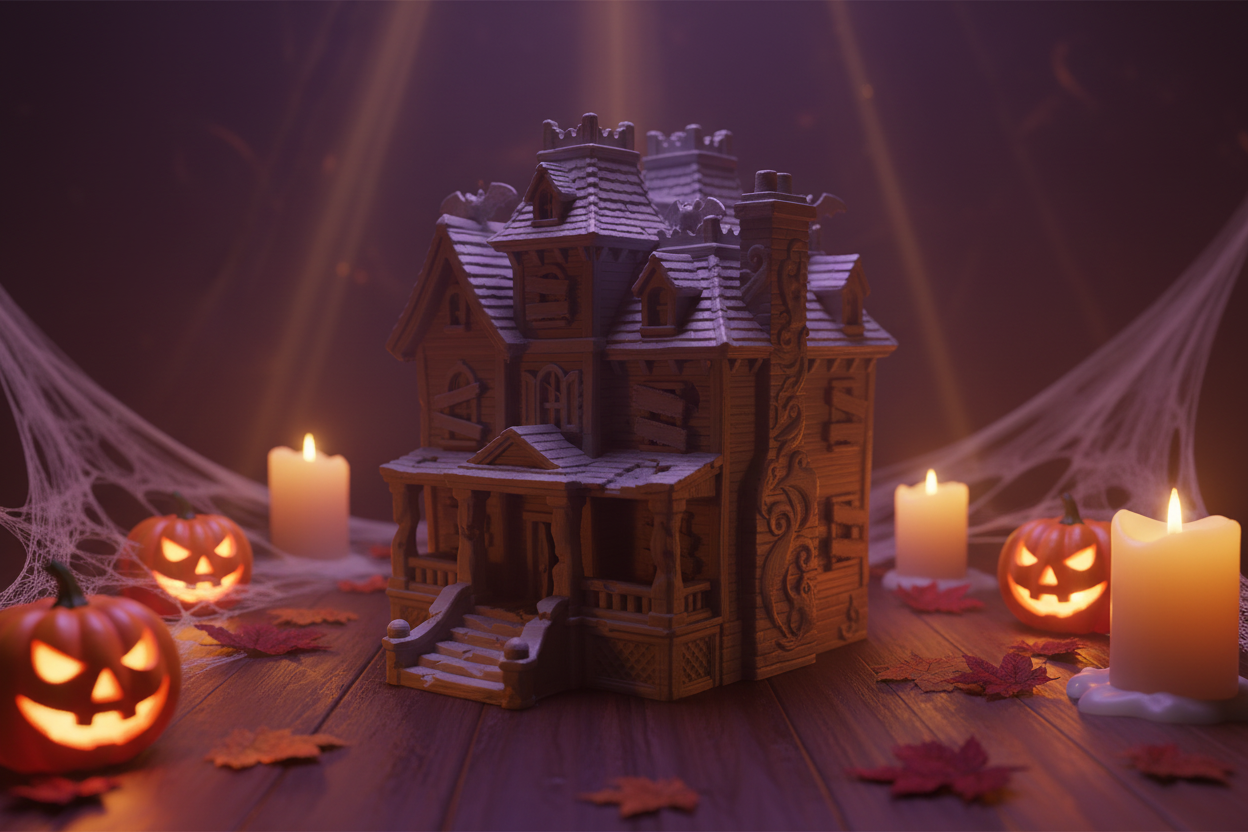Halloween haunted house decoration lifestyle scene with pumpkins and candles