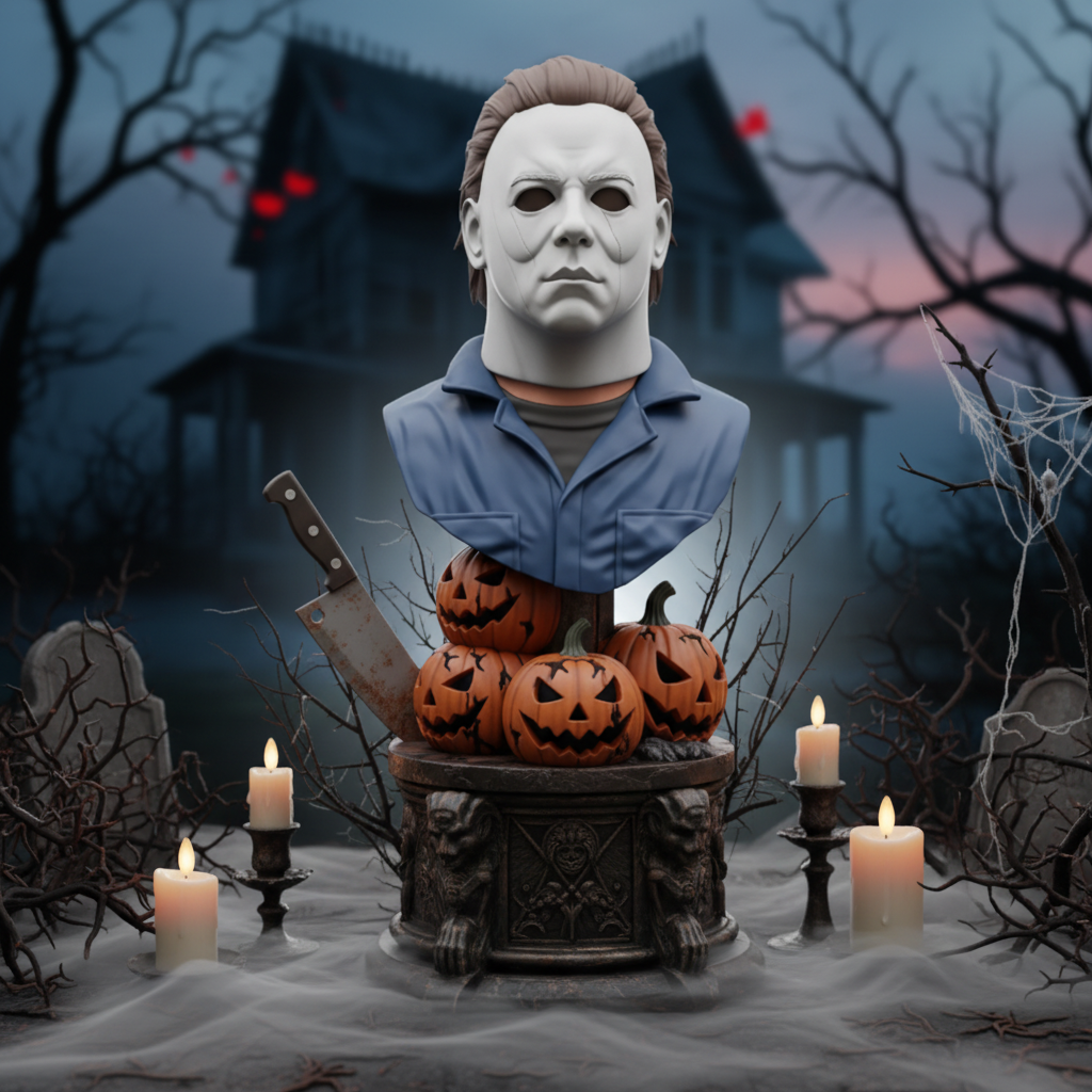 Michael Myers Halloween bust painted version, atmospheric Halloween scene