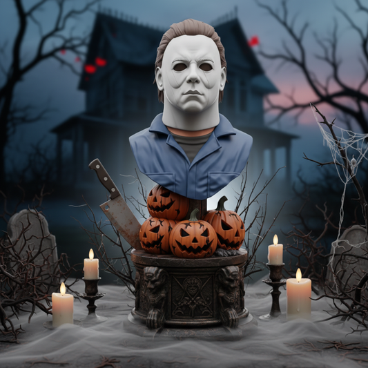 Michael Myers Halloween bust painted version, atmospheric Halloween scene
