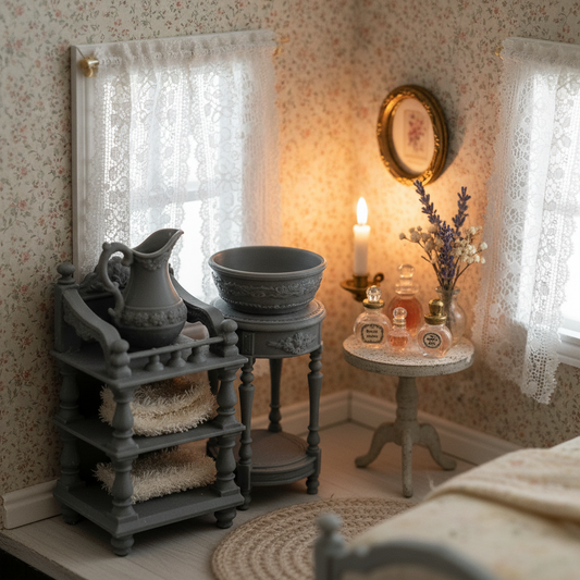 Victorian washstand set styled in cozy dollhouse Victorian bedroom