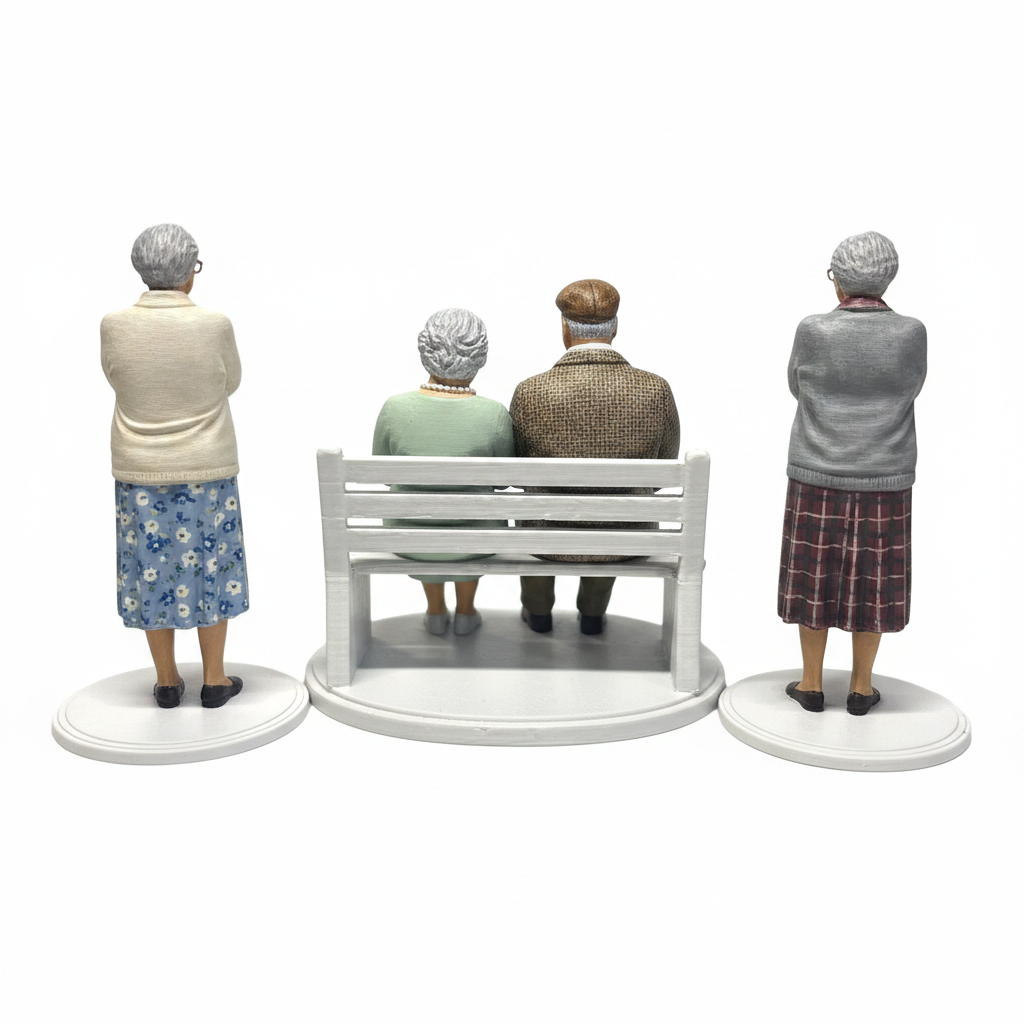 Grumpy old people miniature figures back view of women on white background