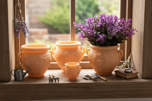 1:12 scale miniature terra cotta pot set arranged on a rustic farmhouse windowsill