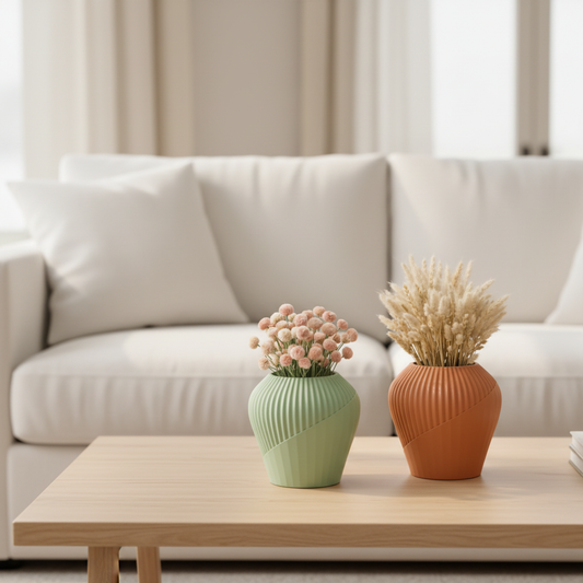 Sage green and terracotta ribbed fluted vases with dried flowers in a cozy home setting