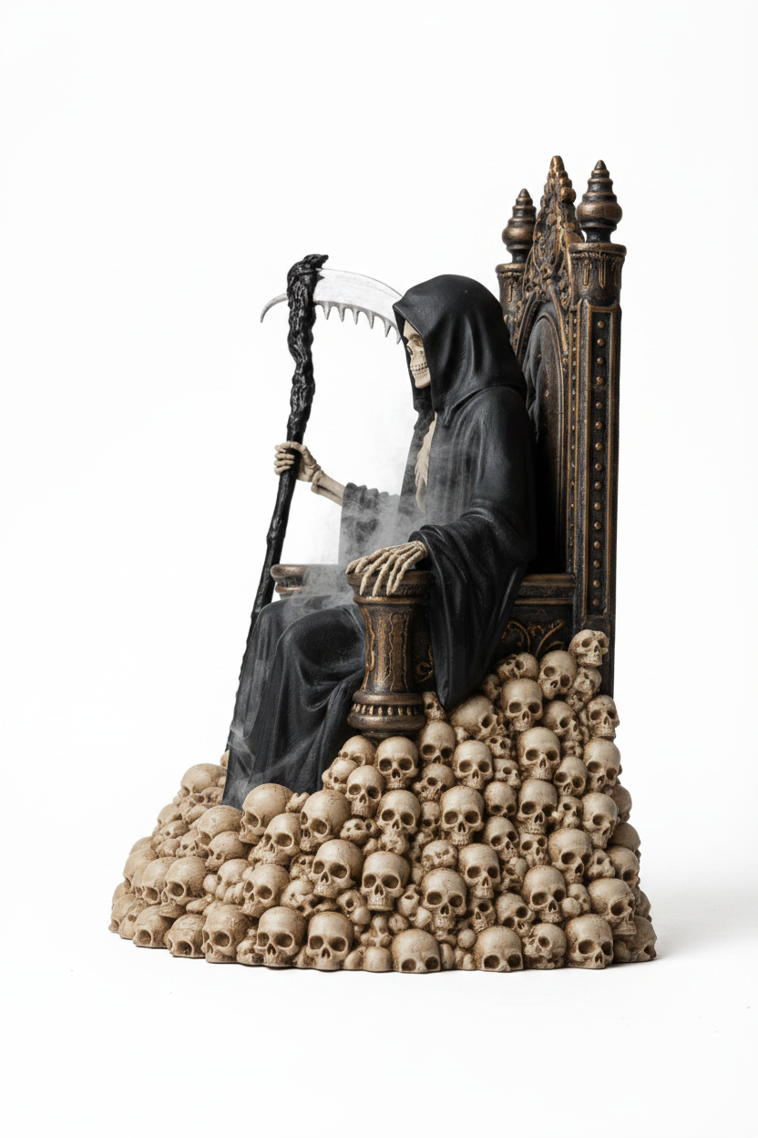 Grim Reaper skull throne incense holder side profile on white background
