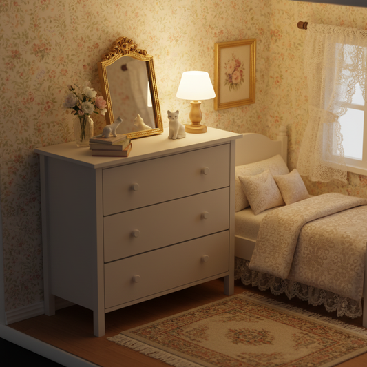 1:12 scale dollhouse miniature 3-drawer dresser in a cozy dollhouse bedroom scene