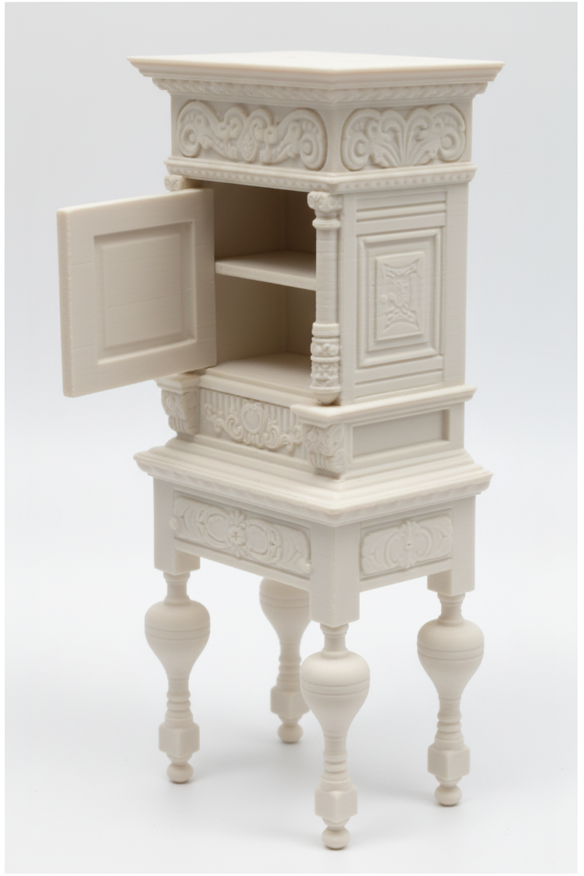Miniature baroque cabinet angle view with door open on white background
