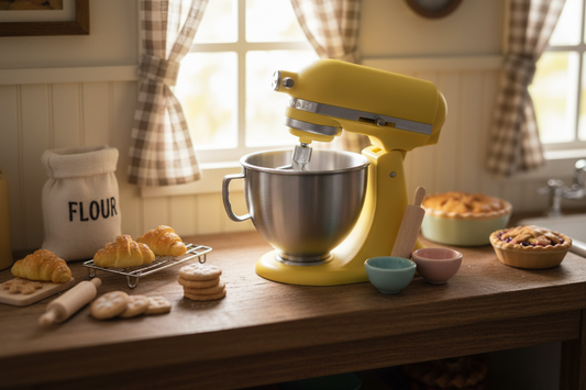 1:12 scale miniature yellow KitchenAid mixer lifestyle scene in dollhouse kitchen