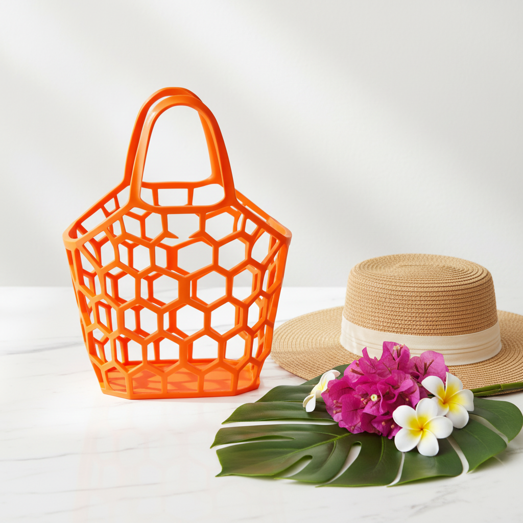 3D printed orange honeycomb tote bag on white marble with tropical flowers