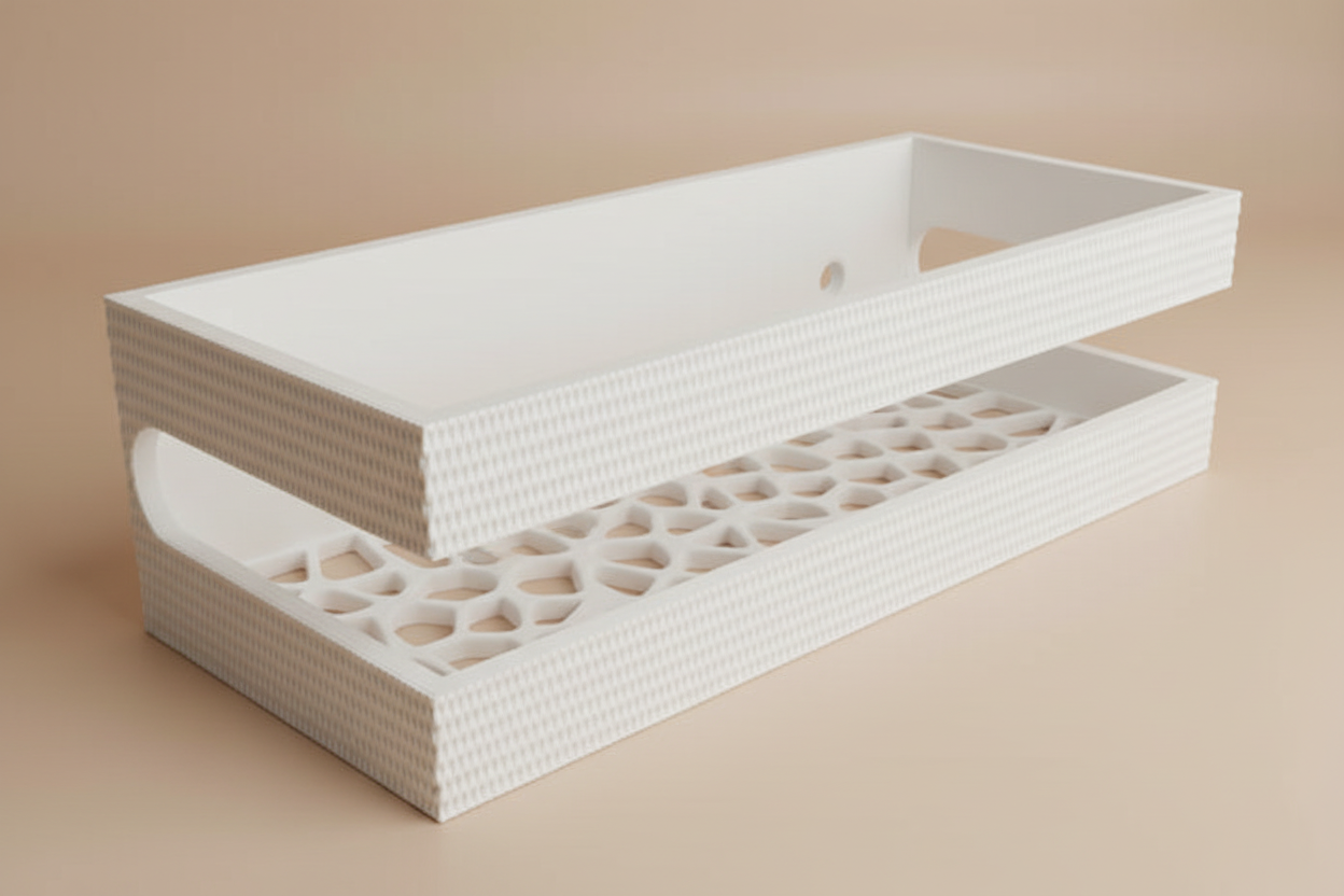 Two-tier woven shower shelf beauty shot highlighting texture detail