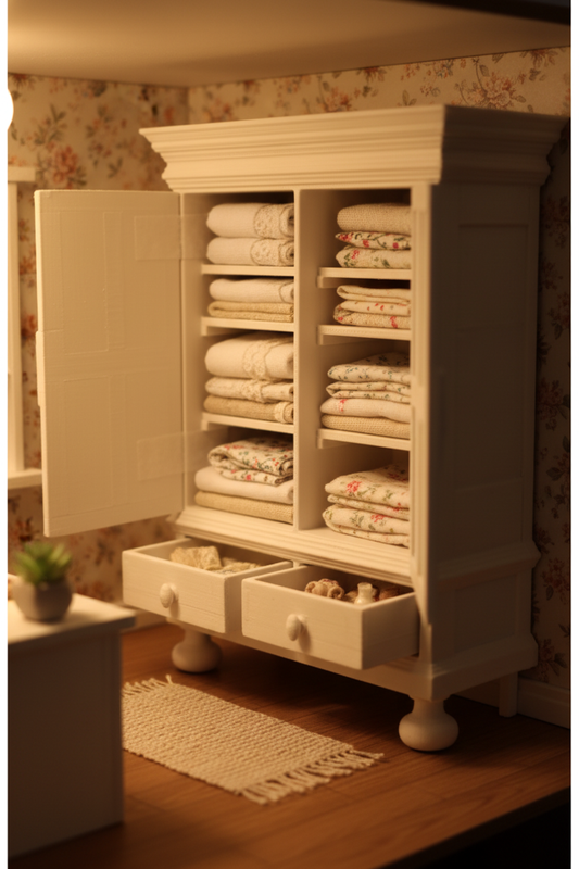 Miniature white linen cabinet in a cozy dollhouse lifestyle scene